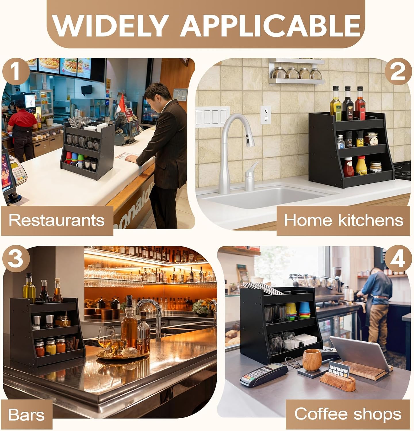 Blulu 3-tier Adjustable Condiment Organizer for Countertop Condiment Food Beverage Holder Wooden Condiments Bottle Sauce Packet Organizer Bin for Coffee Shops Restaurants Bars 14.5" x14.8" x 11.75"