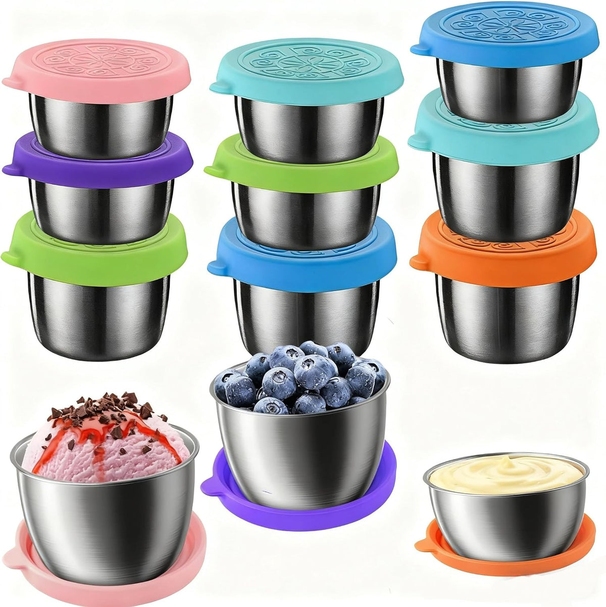 2 Sizes Salad Dressing Container to Go,Leakproof Condiment Containers with Lids Reusable Stainless Steel Sauce Cups for Lunch box,Picnics Prep Bowl Sets,Leakproof Condiment Cups,1.7oz/2.5oz,Set of 12