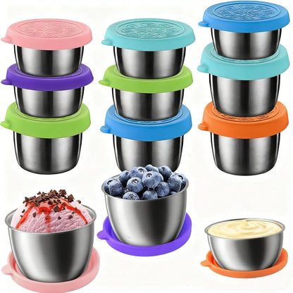 2 Sizes Salad Dressing Container to Go,Leakproof Condiment Containers with Lids Reusable Stainless Steel Sauce Cups for Lunch box,Picnics Prep Bowl Sets,Leakproof Condiment Cups,1.7oz/2.5oz,Set of 12