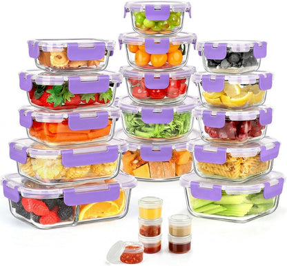 AMALEKO 42pcs Glass Food Storage Containers with Snap Locking Lids Set, Glass Meal Prep Containers (21 Container & 21 Lids),Leak Proof Lunch Containers BPA-Free,Black