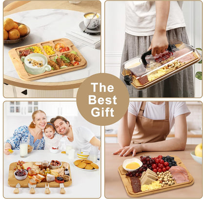Charcuterie Board Set with Clear Snap-on Lid & Compartments, Portable Bamboo Serving Tray for Travel, Picnics & Entertaining - Ideal for Food Presentation & Housewarming Gifts