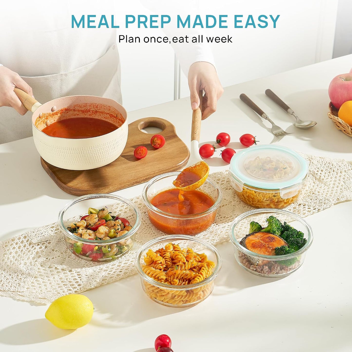 Vtopmart 10 Pack 35oz Glass Food Storage Containers with Lids, Meal Prep Containers, Airtight Reusable Lunch Container Set, Safe for Oven, Microwave, Freezer, and Dishwasher, Grey