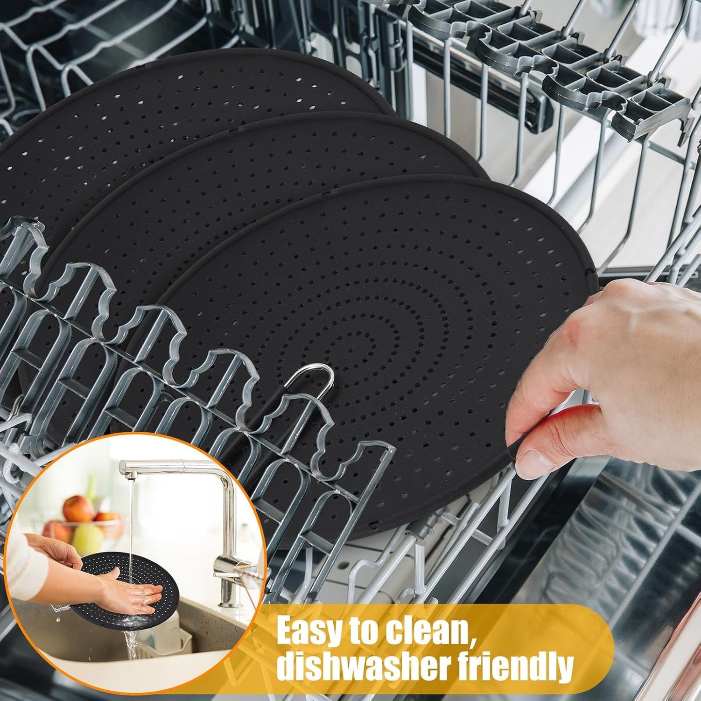Tioncy 3 Pcs 12.6 Inch Silicone Splatter Screen for Frying Pan Grease Splatter Collapsible Guard Heat Resistant Multi Use for Baking and Cooking(Black)