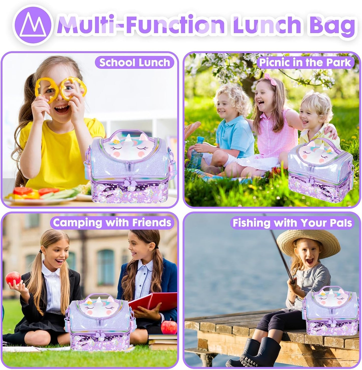Kids Double Decker Cooler Insulated Lunch Bag, Back to School Large Meal Tote for Boys, Girls, Men, Women, with Adjustable Strap, Soccer