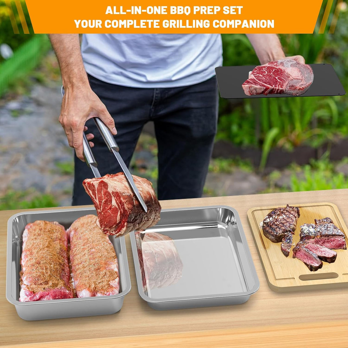 5pcs Grill Prep Trays Sets, Stainless Steel Grilling Prep and Serve Tray, Marinade Container with Lid, Thawing Board, Cutting Board, BBQ Grill Accessories, Grilling Gifts for Mens