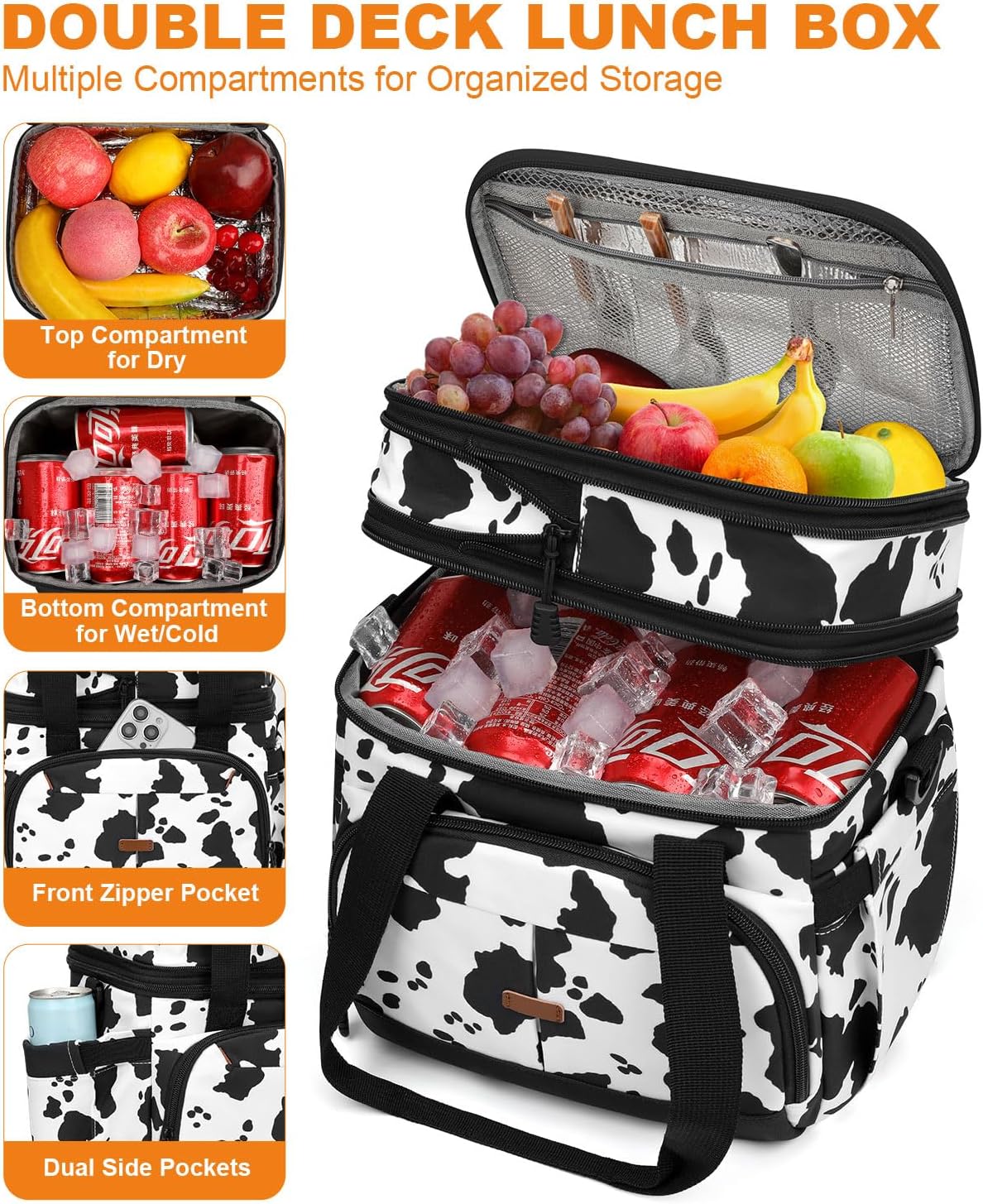 Pritent Lunch Box For Men Women Double Deck Insulated Lunch Bag For Men Woman Leakproof Expandable Cooler Bag with Adjustable Shoulder Strap for Kids Shool Work Picnic Camping(Beige,Large)