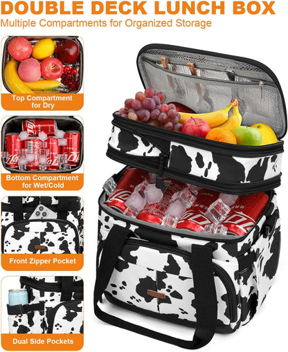 Pritent Lunch Box For Men Women Double Deck Insulated Lunch Bag For Men Woman Leakproof Expandable Cooler Bag with Adjustable Shoulder Strap for Kids Shool Work Picnic Camping(Beige,Large)