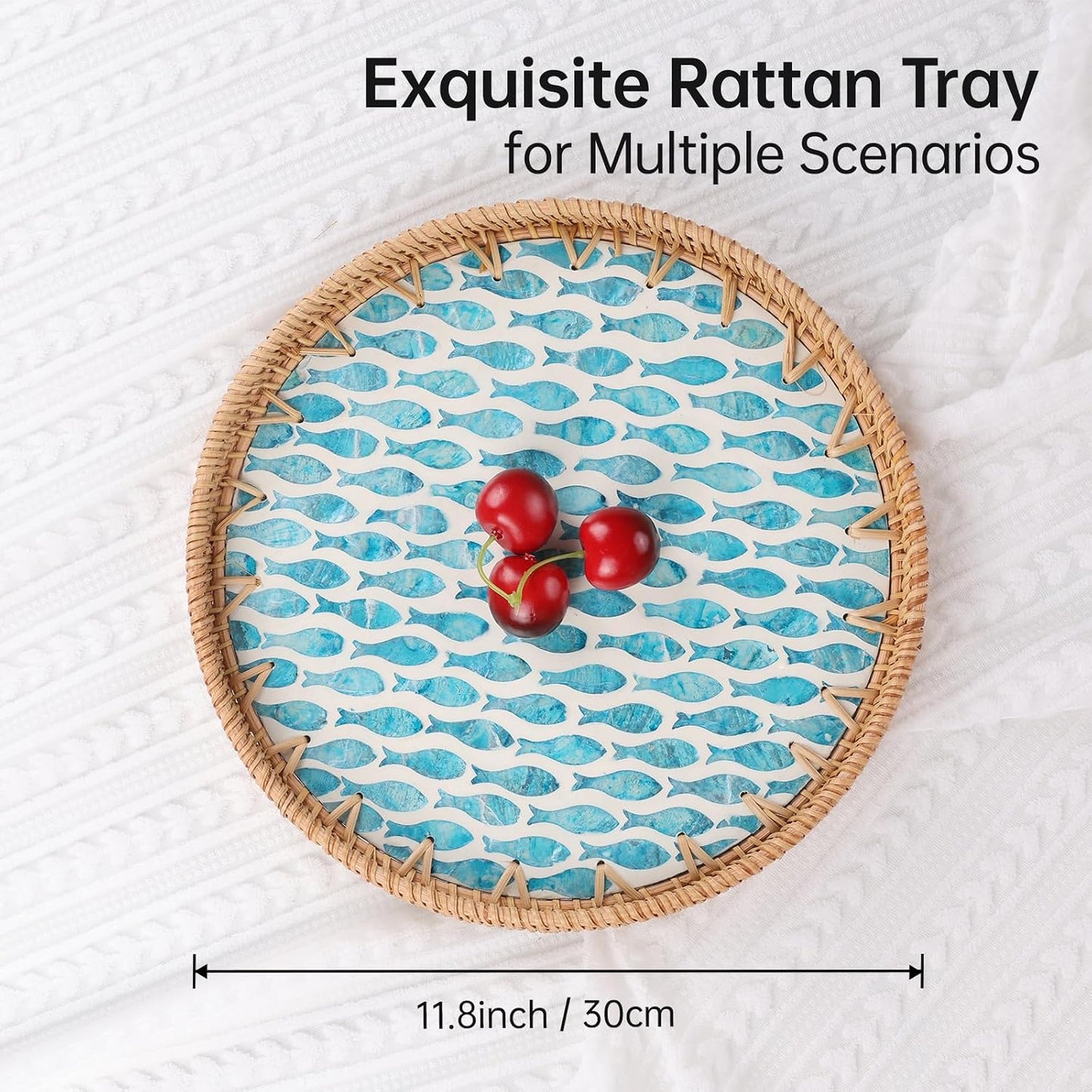 Round Rattan Tray with Mother of Pearl Inlay, Rattan Serving Tray for Coffee, Bread, Fruits, Decorative Wicker Tray for Table Decor, Home Decor, Kitchen Island Decor(Black Checkerboard, 11.8")