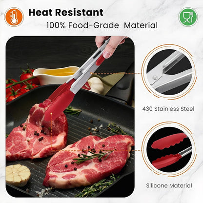Kitchen Tongs Set of 2 (9” & 12”) – Stainless Steel & Silicone Cooking Tongs with Built-in Stand & Dishwasher Safe – Heat Resistant up to 600°F – Perfect for Grilling, BBQ, Salad & Frying