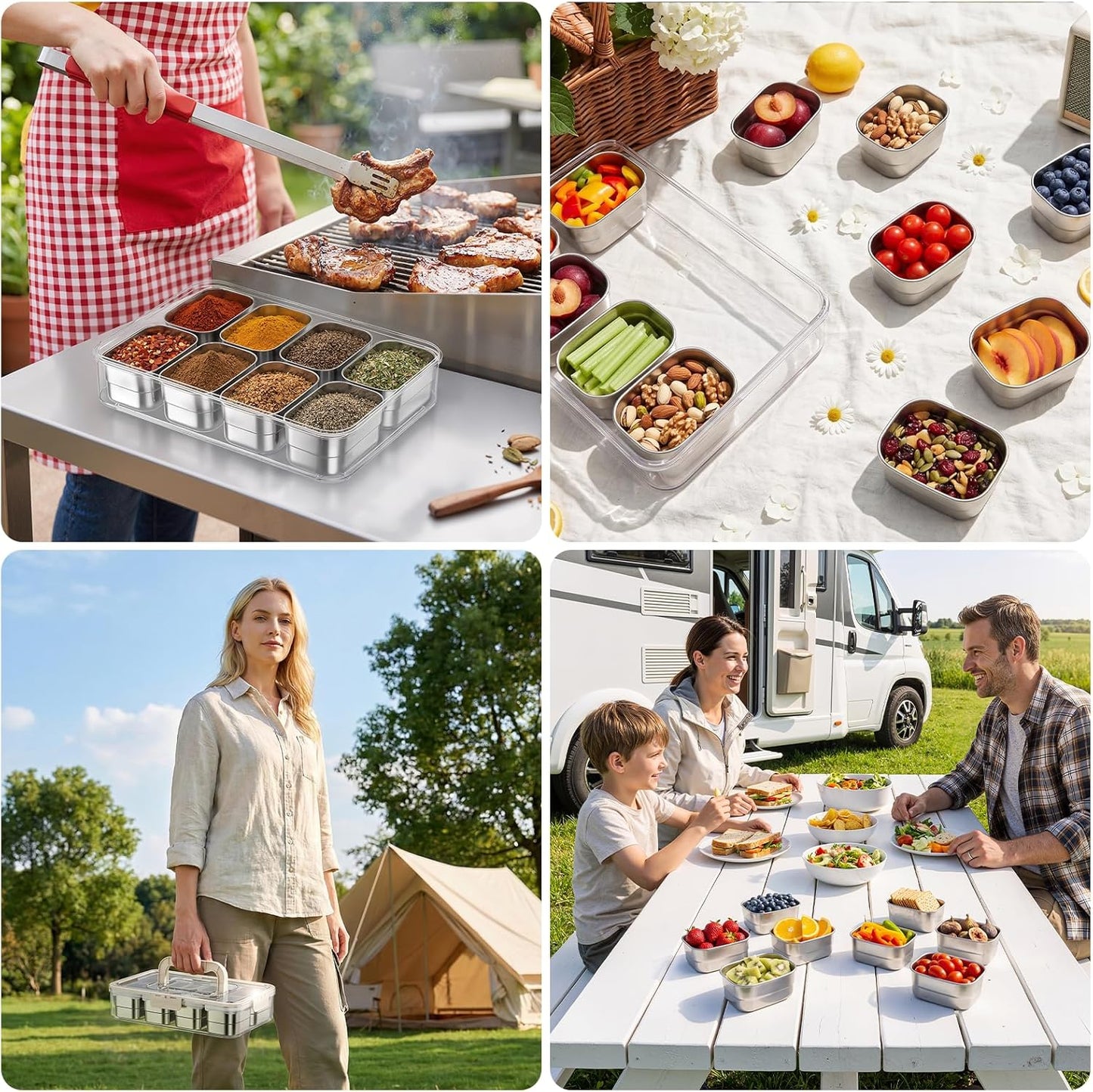 Stainless Steel Snackle Box Container, Divided Serving Tray | 8-Compartment with Lid and Handle, Large Snack Tray for Fruit Veggie Candy