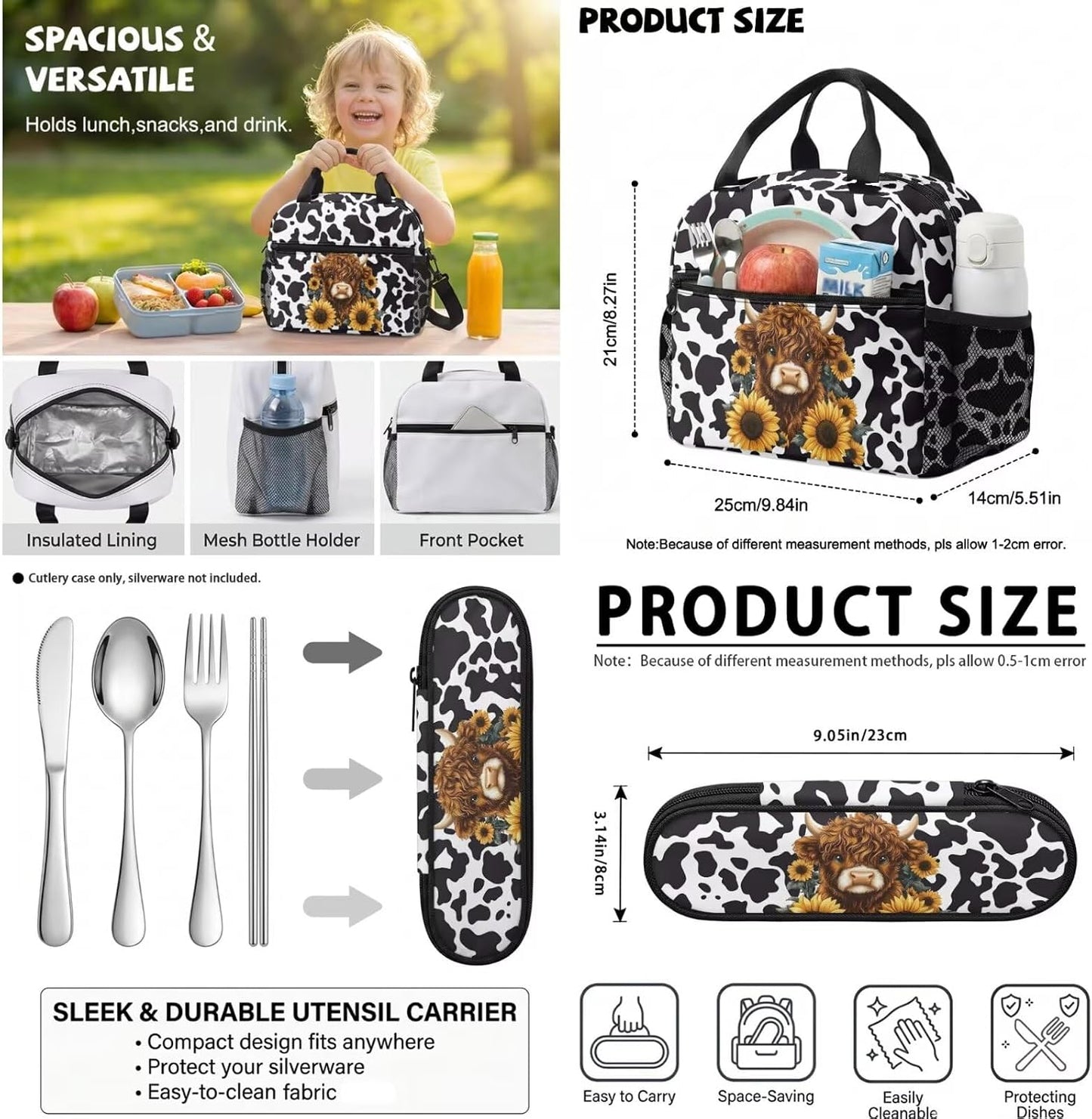Highland Cow Backpack with Lunch Box Set for Kids Sunflower School Backpack for Girls Boys Back to School Bag Student Travel Backpacks Reusable Utensils Pen Case Water Bottle Bag 5PCS
