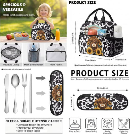 Highland Cow Backpack with Lunch Box Set for Kids Sunflower School Backpack for Girls Boys Back to School Bag Student Travel Backpacks Reusable Utensils Pen Case Water Bottle Bag 5PCS