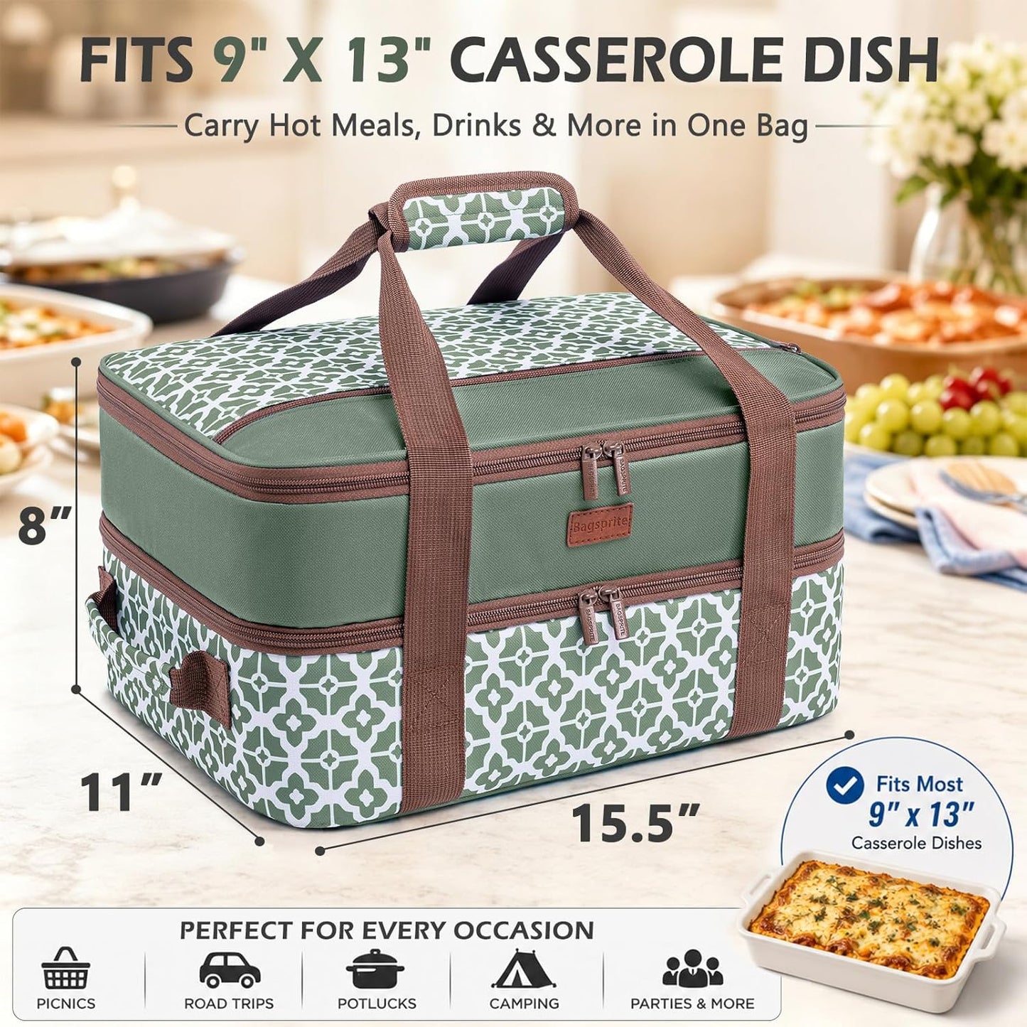 Double Layer Insulated Casserole Carrier, Fits 9" x 13" Baking Dish, Food Transport Carrier with Utensil Pocket for Hot & Cold Dishes, Reusable Potluck Tote for Thanksgiving, Parties&Family Gatherings