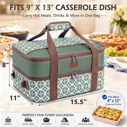 Double Layer Insulated Casserole Carrier, Fits 9" x 13" Baking Dish, Food Transport Carrier with Utensil Pocket for Hot & Cold Dishes, Reusable Potluck Tote for Thanksgiving, Parties&Family Gatherings