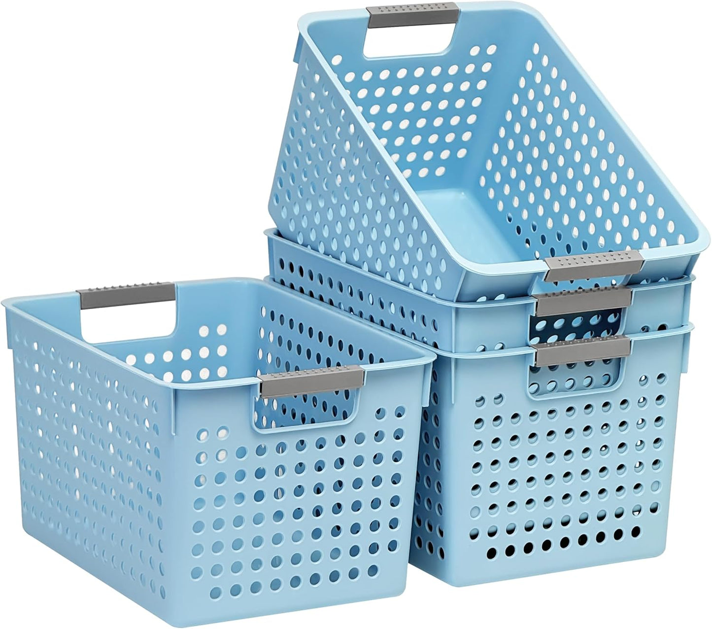 Soddeph 4 Pack Plastic Deep Storage Basket with Handles, Cubbies Organizer Bins with Hollow Design for Under Counter, Closet, Kitchen or Bathroom 12.3" × 8.7" × 6.9"(White, Medium)
