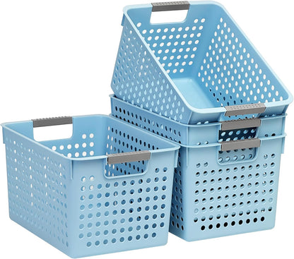 Soddeph 4 Pack Plastic Deep Storage Basket with Handles, Cubbies Organizer Bins with Hollow Design for Under Counter, Closet, Kitchen or Bathroom 12.3" × 8.7" × 6.9"(White, Medium)