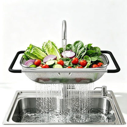 TENTA TENTA KITCHEN Premium Quality Over The Sink Stainless Steel Oval Small Colander with Fine Mesh 2.5 Quart Strainer Basket & Expandable Rubber Grip Handles-Strain,Drain,Rinse Fruits,Vegetables