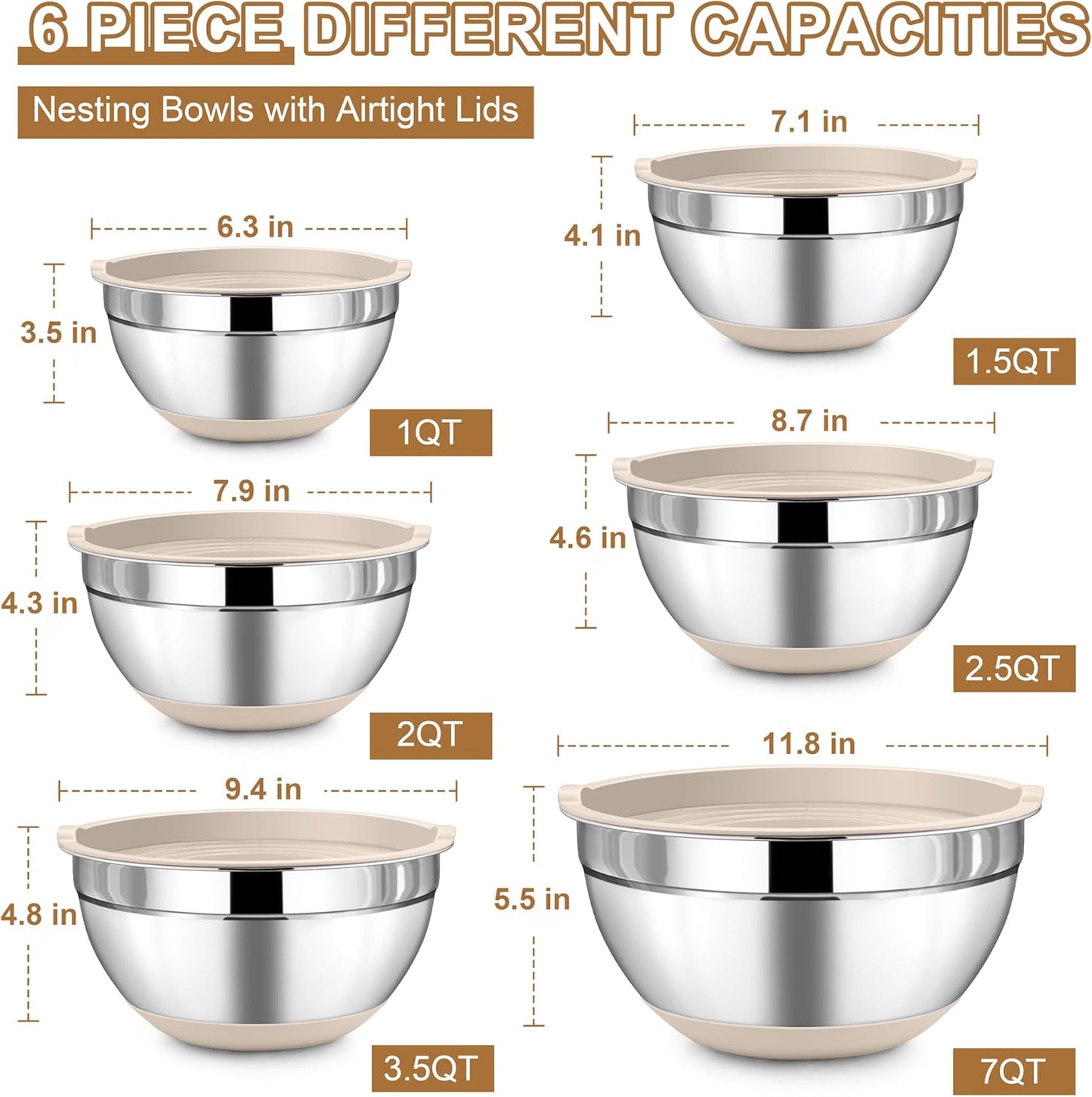 LIANYU Stainless Steel Mixing Bowls Sets of 6, Large 7, 3.5, 2.5, 2, 1.5, 1QT Size with Transparent Airtight Lids, Metal Nesting Serving Bowl Sets for Home Kitchen, Dishwasher & Freezer Safe, Black