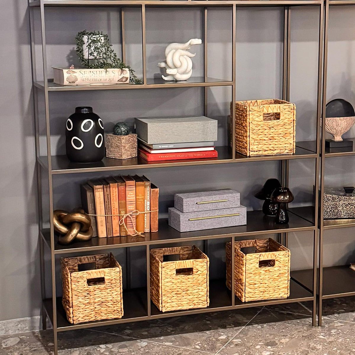4 Hand-Woven Wicker Storage Baskets 13x11x11in, Water Hyacinth Shelf Bins | ECO-FRIENDLY & SUSTAINABLE