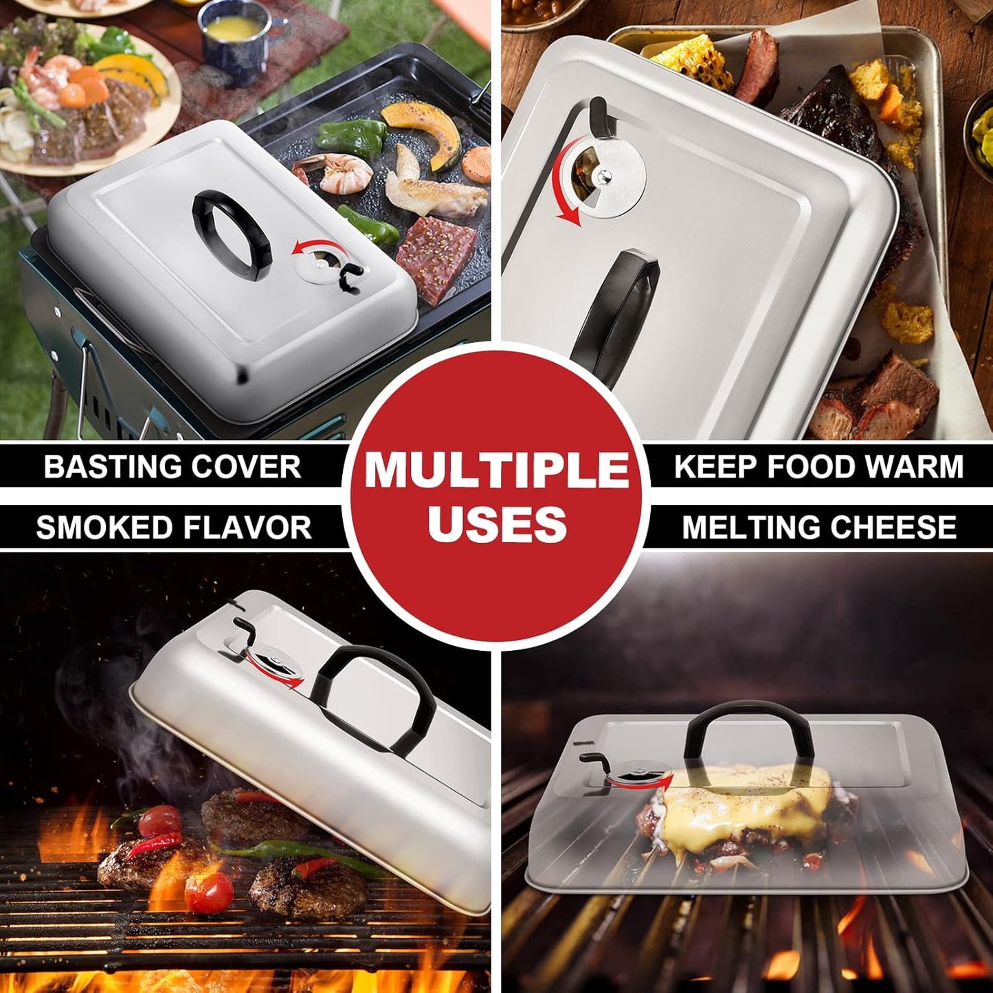 HaSteeL Rectangular Basting Cover, Stainless Steel Cheese Melting Dome Steaming Cover Lid, Heavy Duty Griddle Grill Accessories for Flat Top Teppanyaki BBQ Kitchen Indoor & Outdoor, Dishwasher Safe
