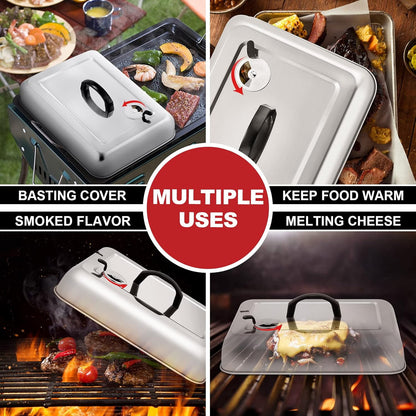 HaSteeL Rectangular Basting Cover, Stainless Steel Cheese Melting Dome Steaming Cover Lid, Heavy Duty Griddle Grill Accessories for Flat Top Teppanyaki BBQ Kitchen Indoor & Outdoor, Dishwasher Safe