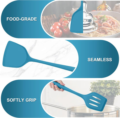 TeamFar Silicone Cooking Utensils Set, 5-Piece Heat Resistant Kitchen Utensils Set, Nonstick Slotted Solid Spoon Turner Pasta Server for Frying, Serving, Mixing, Non-Toxic & Dishwasher Safe, Black