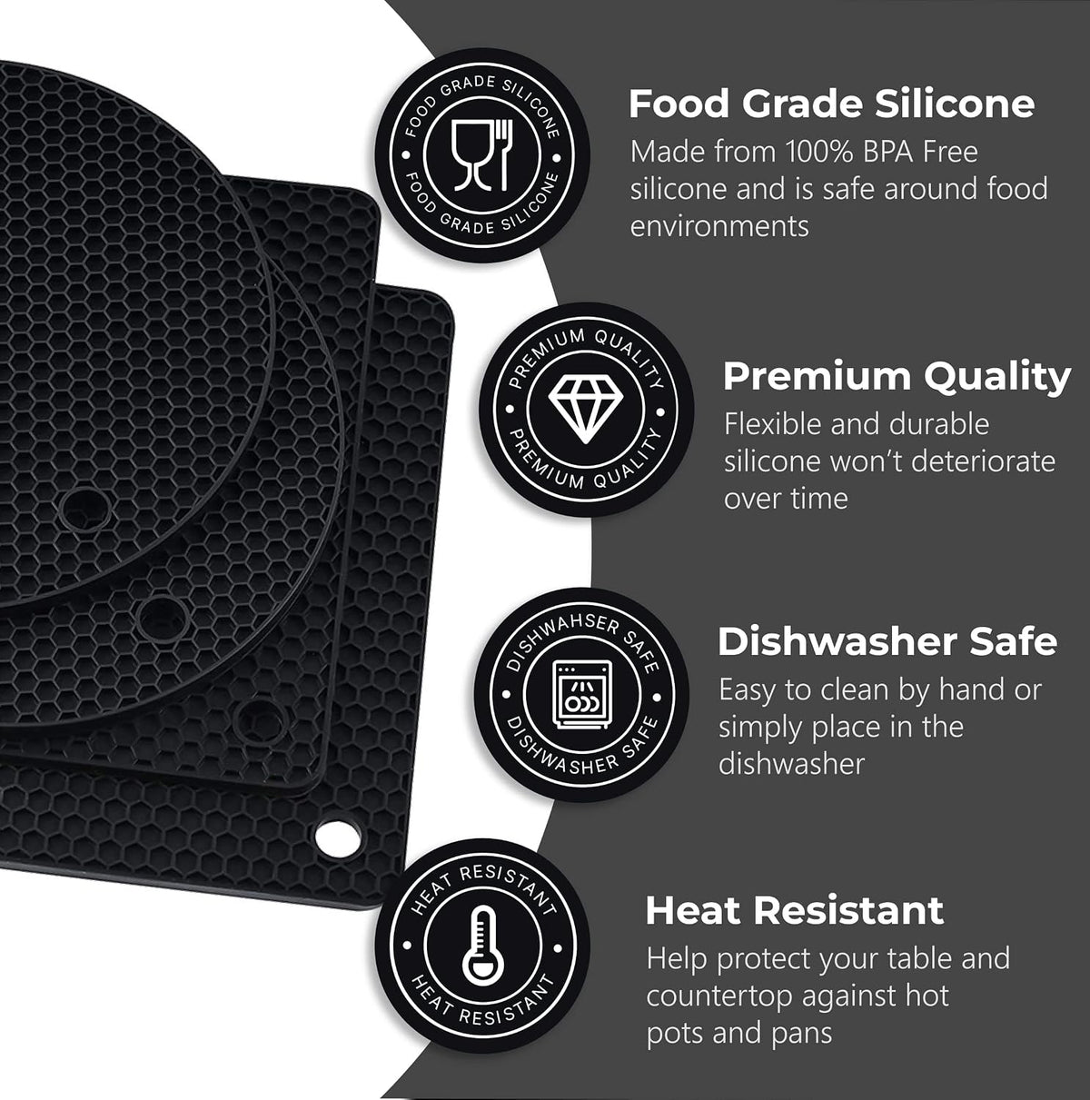 Silicone Trivets for Hot Dishes, Pots, Pans (2 Pack) - Heat-Resistant Pot Holders for Kitchen Countertop Mats - Silicone Trivet Mat (9 x 12 Inch) - Multipurpose Counter Pads (Black)