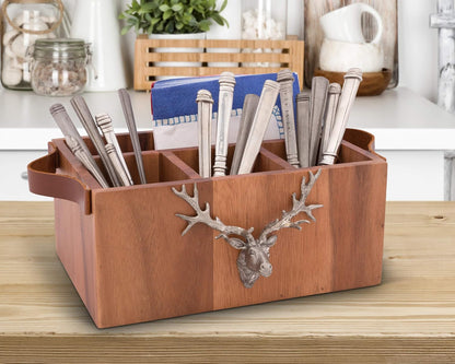 Vagabond House Caddy Rectangle Acacia Wood Flatware/Serve ware/Utensil/Carry-All Holder Solid Pewter Song Bird Accent and Real Leather Handles, 3 Small and 1 Larger Compartment 13.5 inch Long