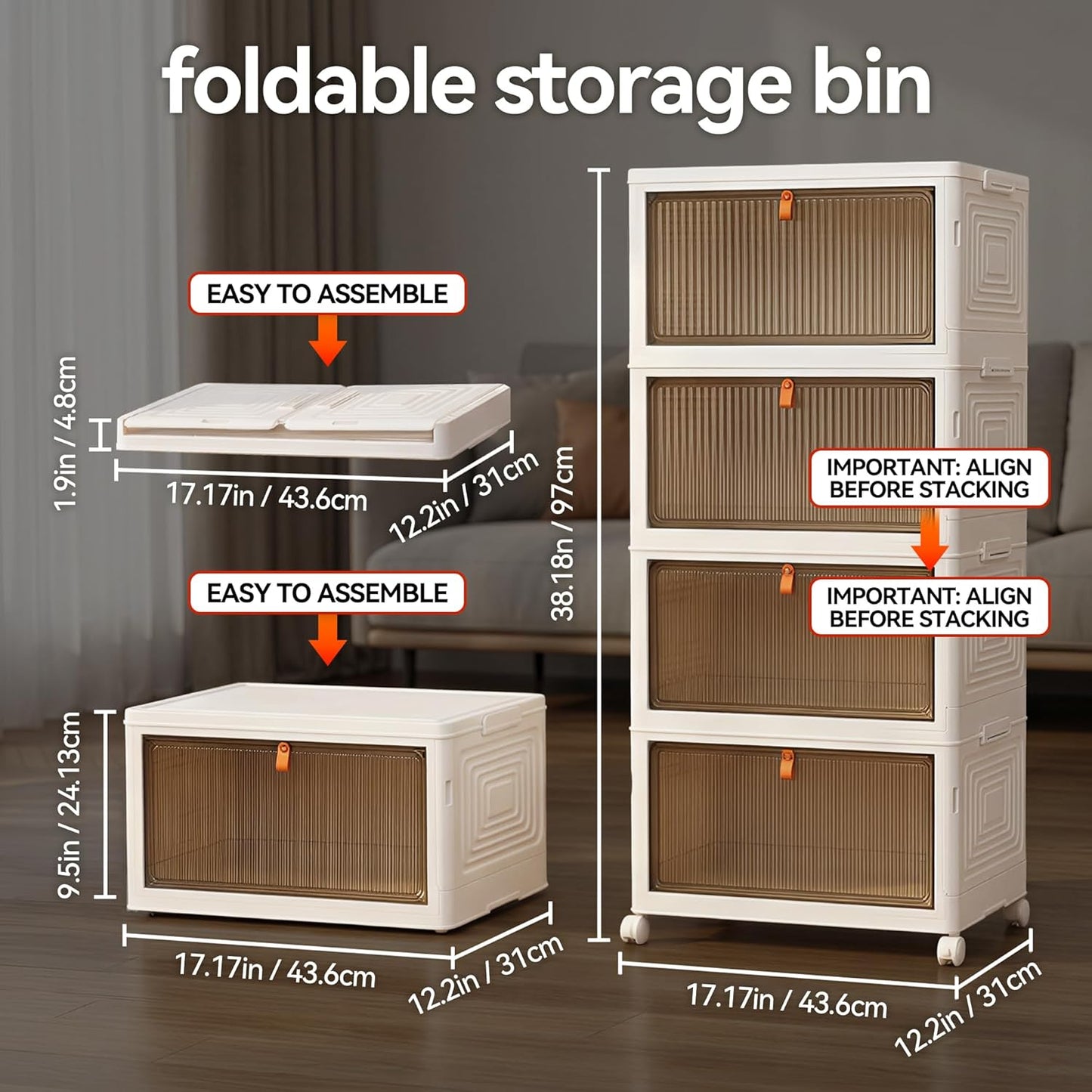 LDQ 136Qt Large Storage Bins with Lids, 4 Tier Stackable Storage Cabinet with Wheels & Clear Doors, Foldable Plastic Closet Organizer for Bedroom, Bathroom & Kitchen