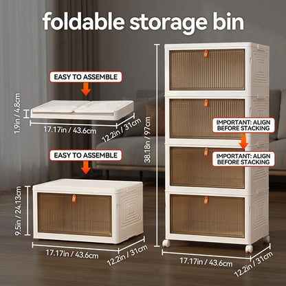 LDQ 136Qt Large Storage Bins with Lids, 4 Tier Stackable Storage Cabinet with Wheels & Clear Doors, Foldable Plastic Closet Organizer for Bedroom, Bathroom & Kitchen