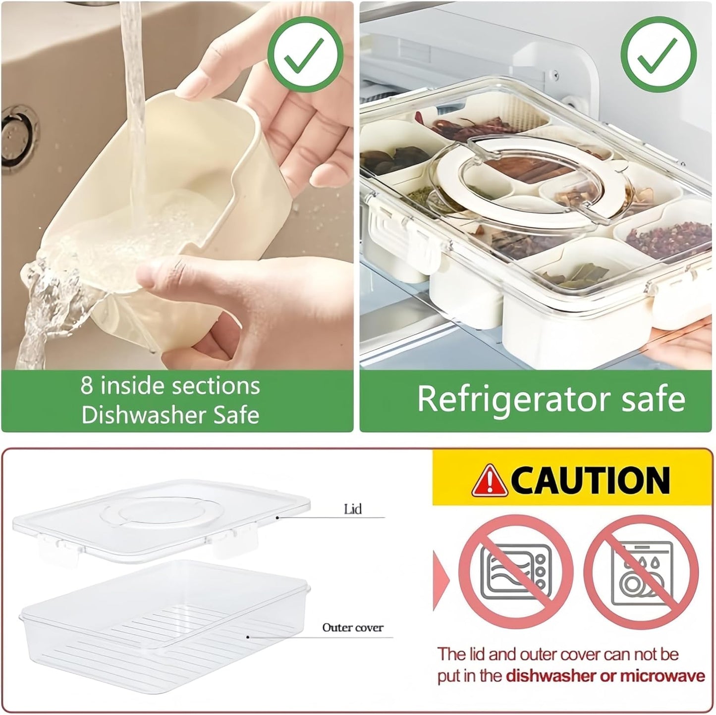 Divided Serving Tray with Lid and Handle - Snackle Box Charcuterie Container for Portable Snack Platters - Clear Organizer for Candy, Fruits, Nuts, Snacks