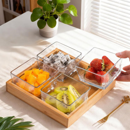 Snackle Box Container Chip and Dip Bowls With Serving Tray, 3 Glass Square Sauce Cups Dip Bowls, Small Fruit Platter Side Dishes for Party Entertaining Appetizer Dessert Salsa Side Dishes(THREE)