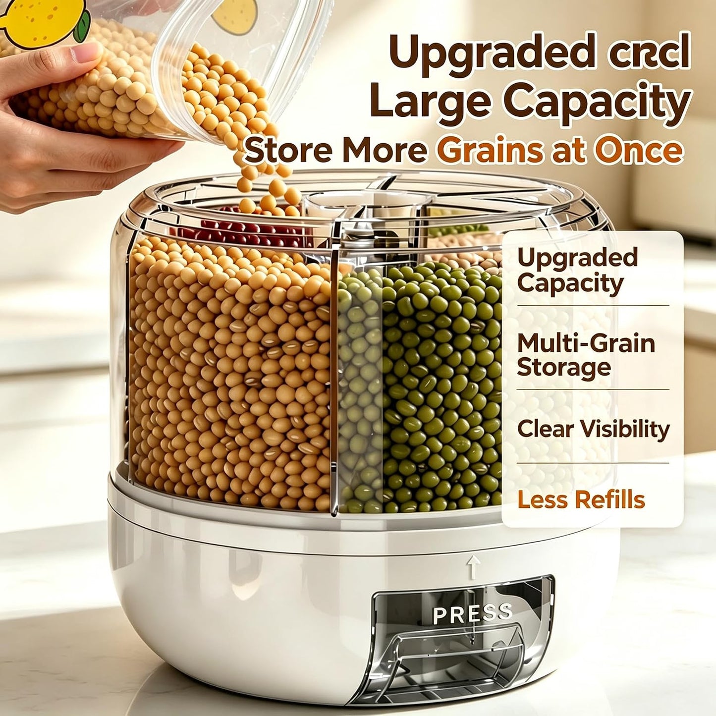 Gagee 11 Lbs Rice Dispenser, Clear | Grain Container Storage, With Lid, Measuring Cylinder, Moisture Proof, Household Cereal Dispenser Bucket