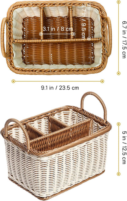 Cabilock Silverware Caddy Woven Basket Cutlery Holder, Napkin and Utensil Picnic Basket Silverware Organizer Utensil Holder for Kitchen Countertop with Handle