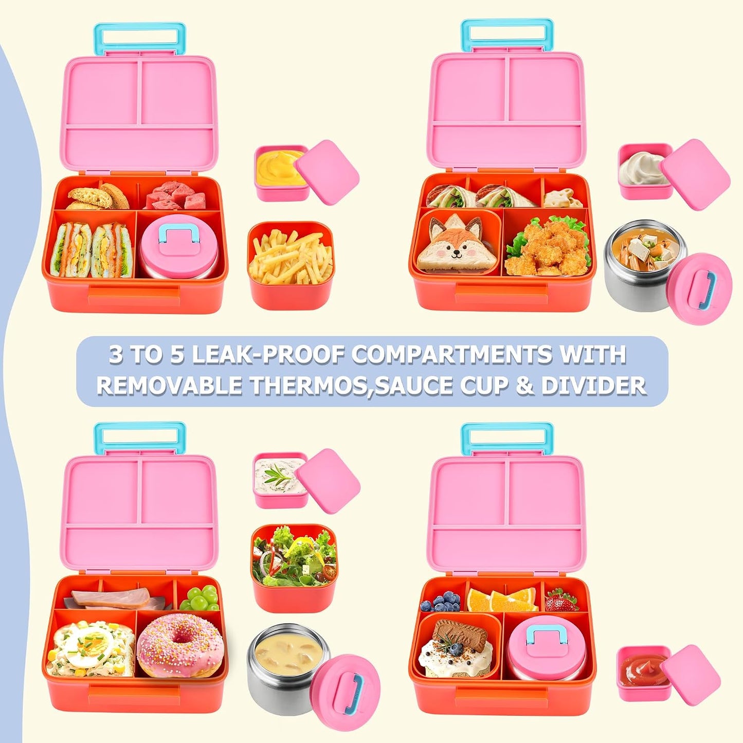Bento Lunch Box for Kids with Thermo, Leakproof Bento Box with 8oz Insulated Food Jar, Insulated Bottle, Lunch Bag, BPA Free Dishwasher Safe 4 Compartment Container for School Girls Boys (Pink)