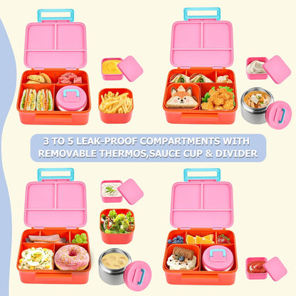 Bento Lunch Box for Kids with Thermo, Leakproof Bento Box with 8oz Insulated Food Jar, Insulated Bottle, Lunch Bag, BPA Free Dishwasher Safe 4 Compartment Container for School Girls Boys (Pink)