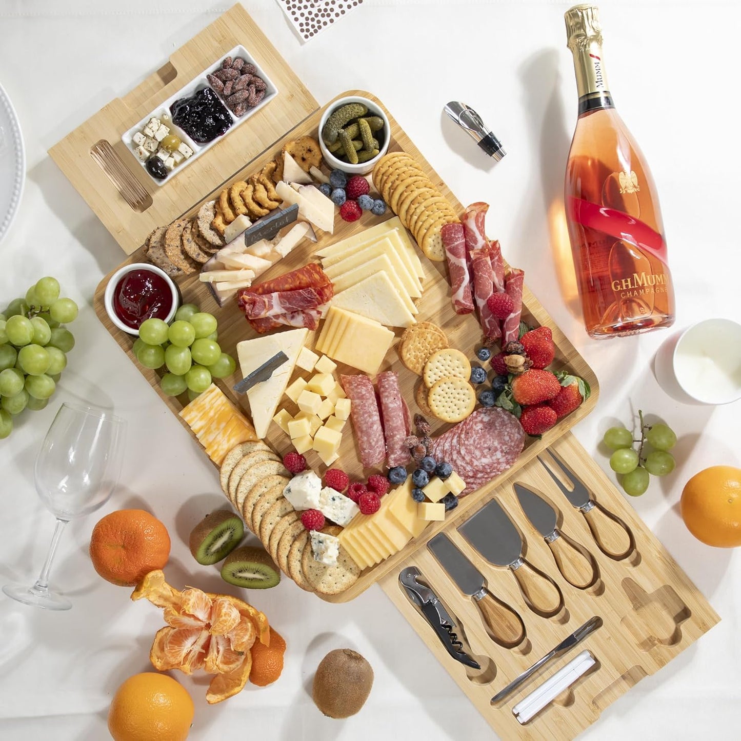 Personalized Charcuterie Board Gift Set, Custom Engraved Large Bamboo Cheese Board with Double-Sided Design, Knife Drawer, Ceramic Bowls & Cheese Knives, Wedding, Anniversary & Housewarming Gift