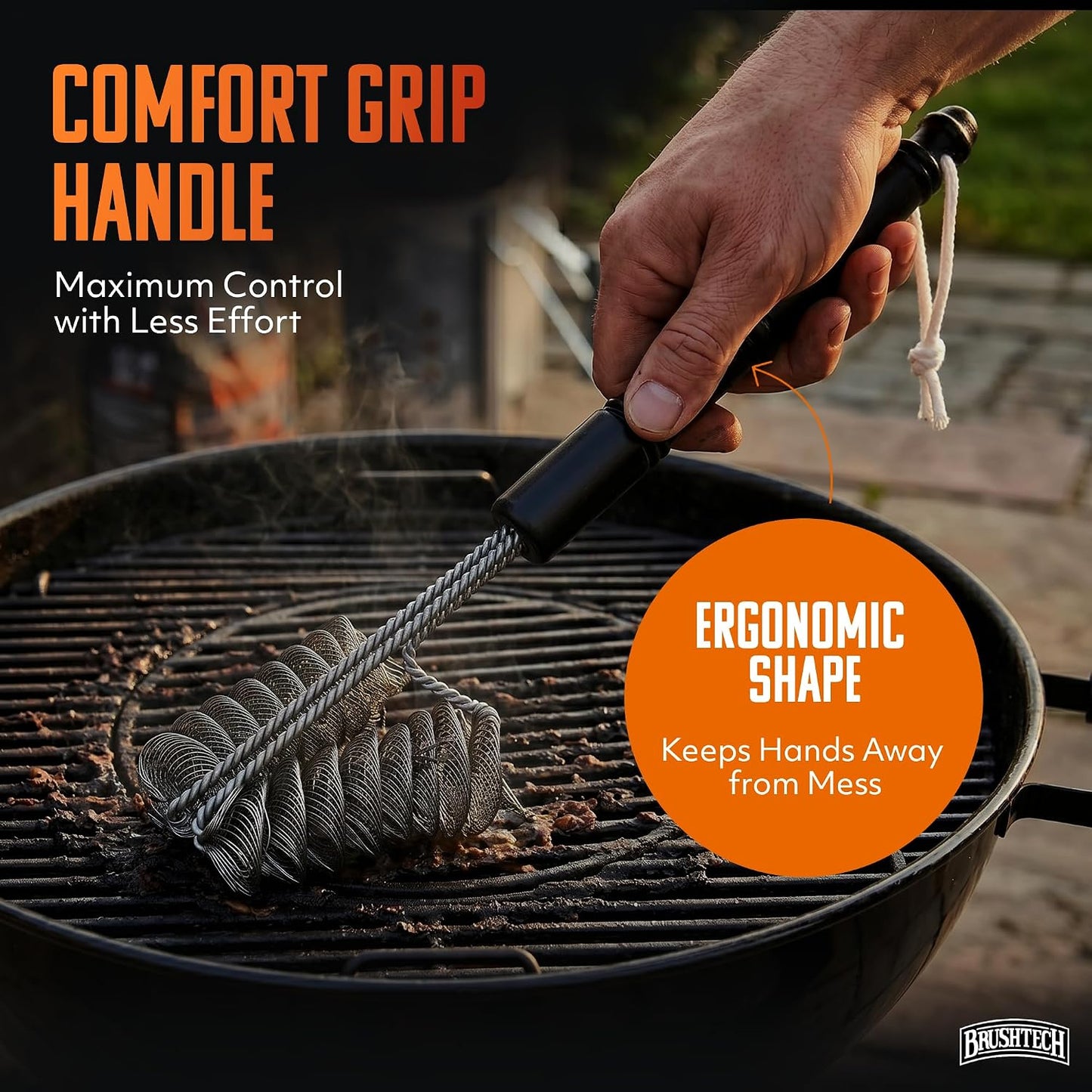 Brushtech Double Helix Grill Brush, 16″ Flat BBQ Grill Cleaner - Bristle‑Free Coil Springs Clean Tops & Sides - Stainless Steel, Long Reach Handle, Heavy‑Duty BBQ Tool for Gas & Charcoal Grates