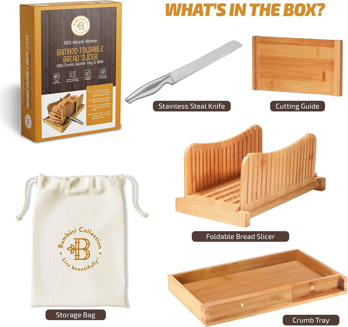 Bambüsi Bread Slicer for Homemade Bread with Knife Sourdough Cutter, Bamboo