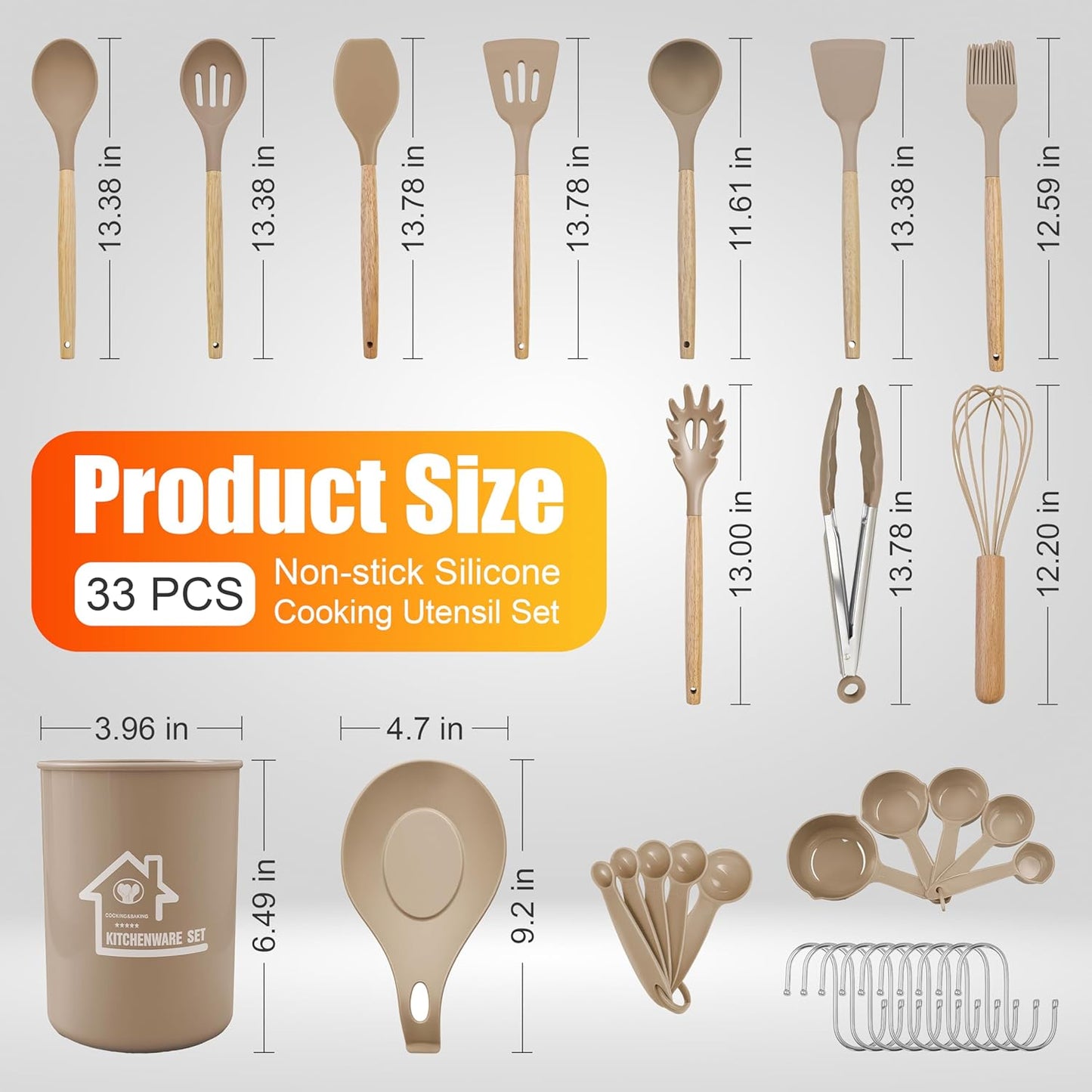 Berry & Cherry Kitchen Utensils Set Silicone 33 PCS – Nonstick Heat Resistant Cooking Tools with Wooden Handles & Holder, Spatula Set (Khaki)