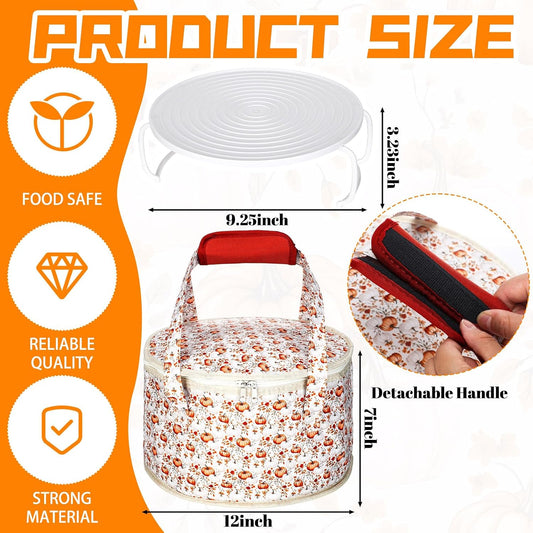Fall Pumpkin Round Pie Carrier 12 x 7 Inch Thanksgiving Pumpkin Flowers Insulated Casserole Carrier with Lid and Detachable Handle for Thanksgiving Hot Pie Cake Transport Autumn Party