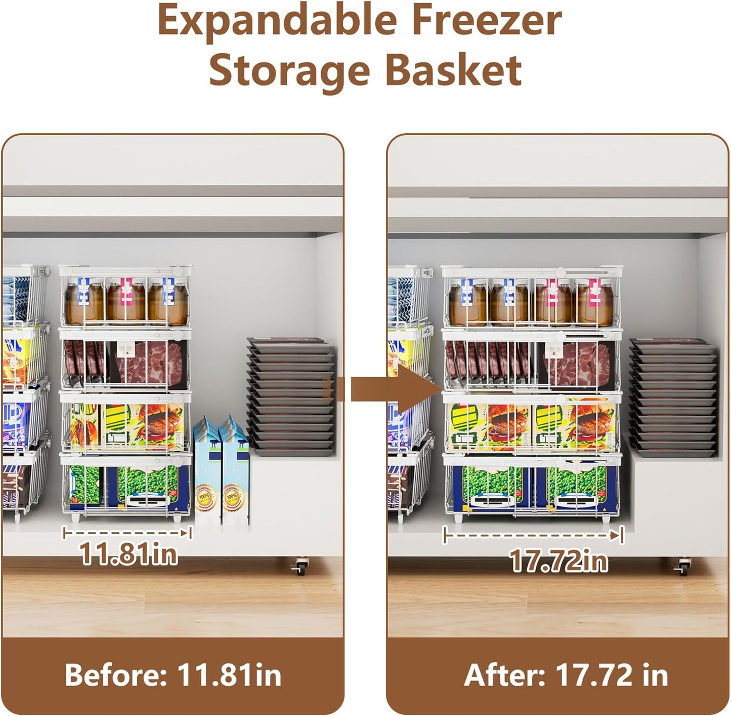 Freezer Organizer Bins 6 Pack: Wire Basket Stackable Storage Containers Expandable 11.81" to 17.72" with Foldable Handles for 5+ Cu.FT Fridge Cabinet Shelves Pantry Kitchen White