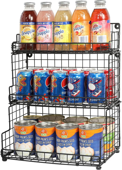 X-cosrack Stackable Wire Basket 3 Tier Countertop& Wall Mounted Metal Storage Basket for Kitchen Pantry Cabinet, Muti-functional Open Front Bin Organizer for Food Fruit Snack, Black