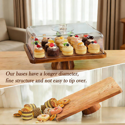 17" Rectangular Acacia Wood Cake Stand with Acrylic Lid, 2-in-1 Dessert Display & Charcuterie Board Serving Tray for Cheese Fruit Cupcake Party Wedding