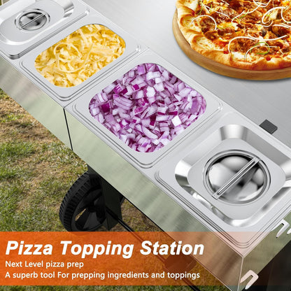 Pizza Topping Station for Pizza Oven Table, Stainless Steel Pizza Container with 6 Seasoning Containers with Lids, for Prepping Ingredients and Toppings, Oven Accessories Outdoor