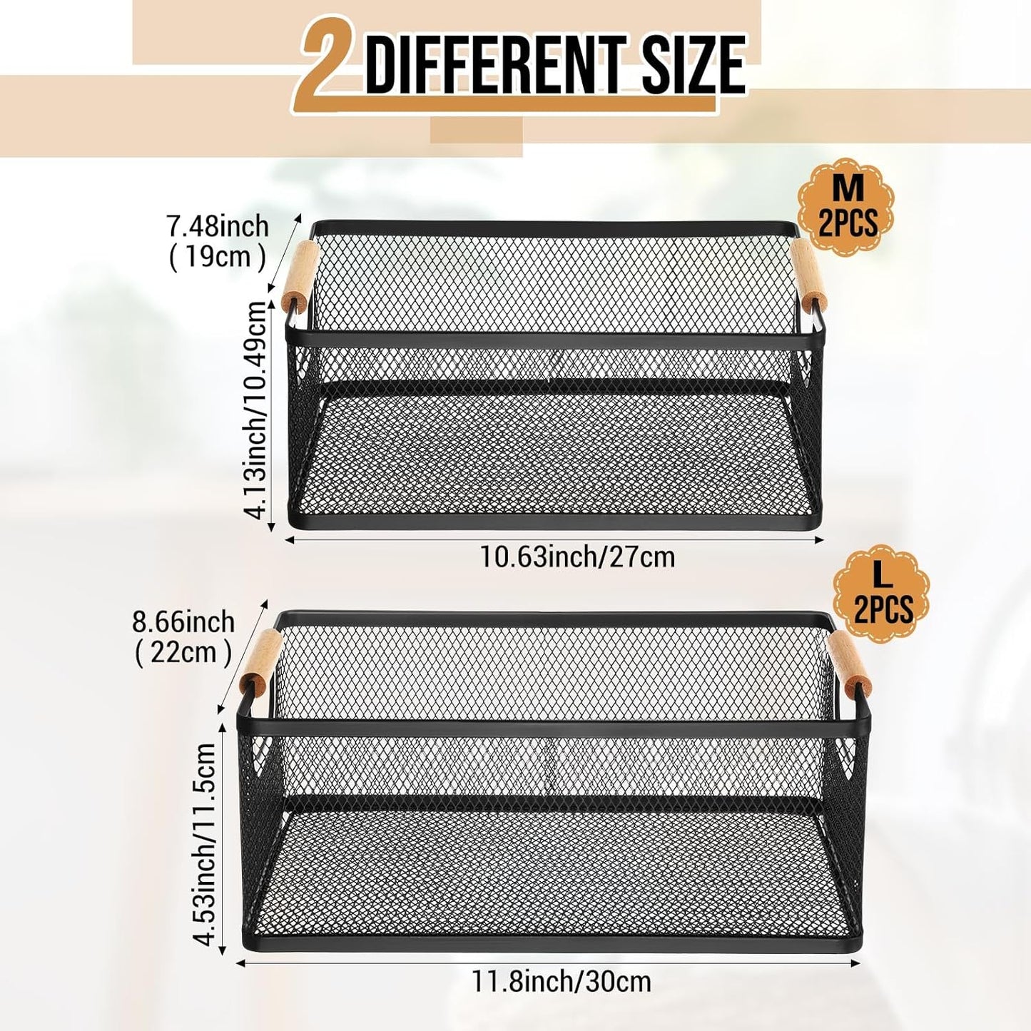 Rtteri 4 Pack White Metal Wire Basket with Wood Handle 2 Size Large Metal Mesh Basket Stackable Wire Storage Bin for Pantry Food Snacks Storage Kitchen Organizing