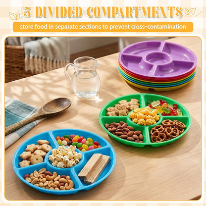 24 Pcs 5 Sectional Plastic Divided Serving Trays Bulk 12 Inch Round Chip and Dip Plates Fruit Veggie Appetizer Platter Snack Tray for Holiday Party Family Gathering(Black)