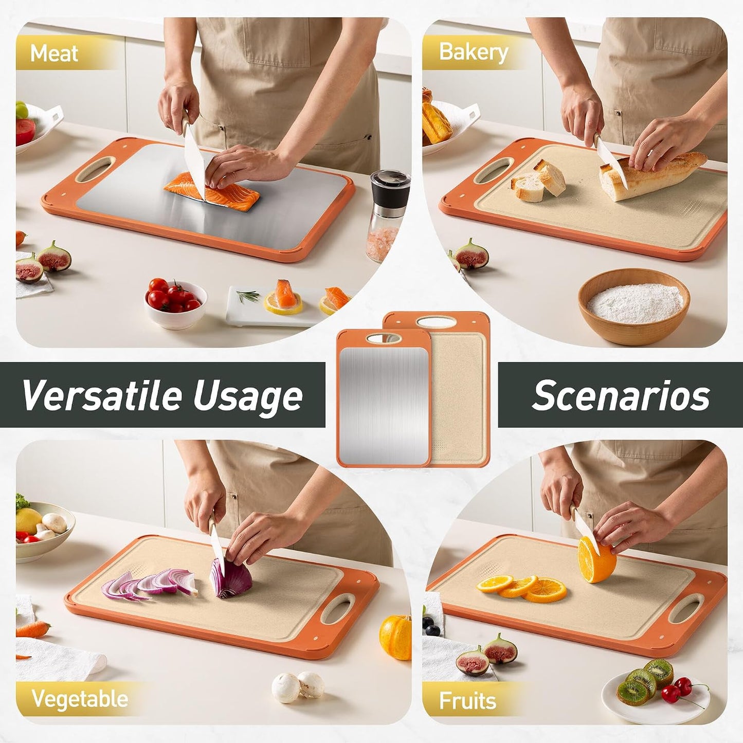 2 Packs Stainless Steel Cutting Board Set, Best Non Toxic Cutting Boards for Kitchen, Double Sided Metal Chopping Board for Meat/Fruit/Vegetables, Food Grade Kitchen Set Gift, [16”×11”+18”×12” Inch]
