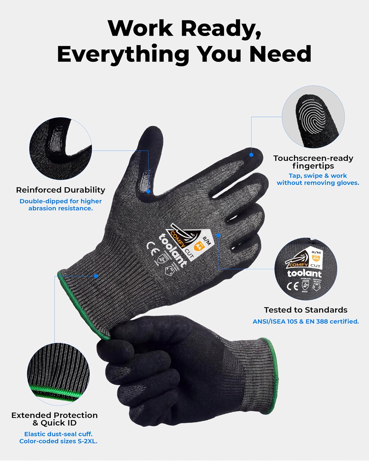 toolant ComfyCut A4 Cut Resistant Work Gloves, 1 Pair, Dark Gray, Large