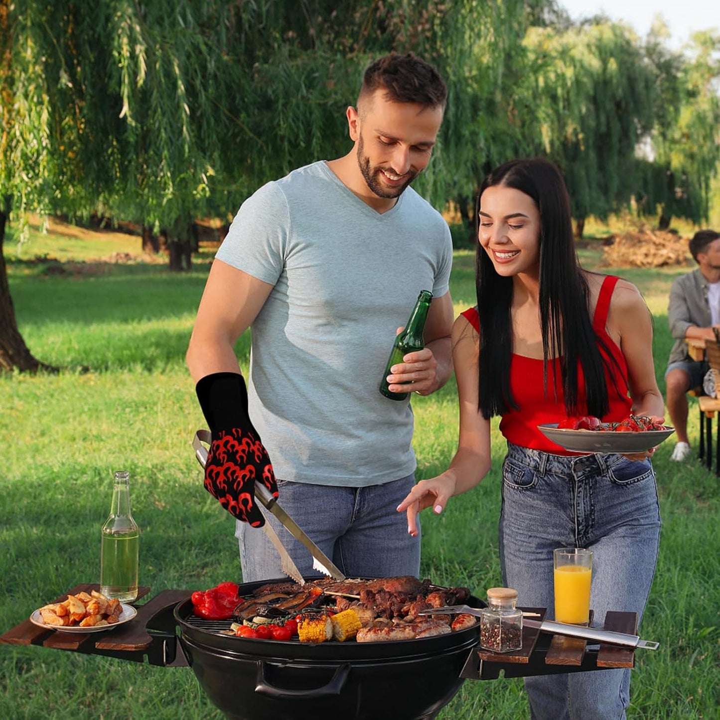 UBeesize Lengthen BBQ Gloves (Phoenix), 1472°F Heat Resistant Grill Glove, 14 inch Fireproof Oven Gloves for Cooking, Non-Slip Fire Glove for Grilling, Barbecue, Smoker, Baking, Frying